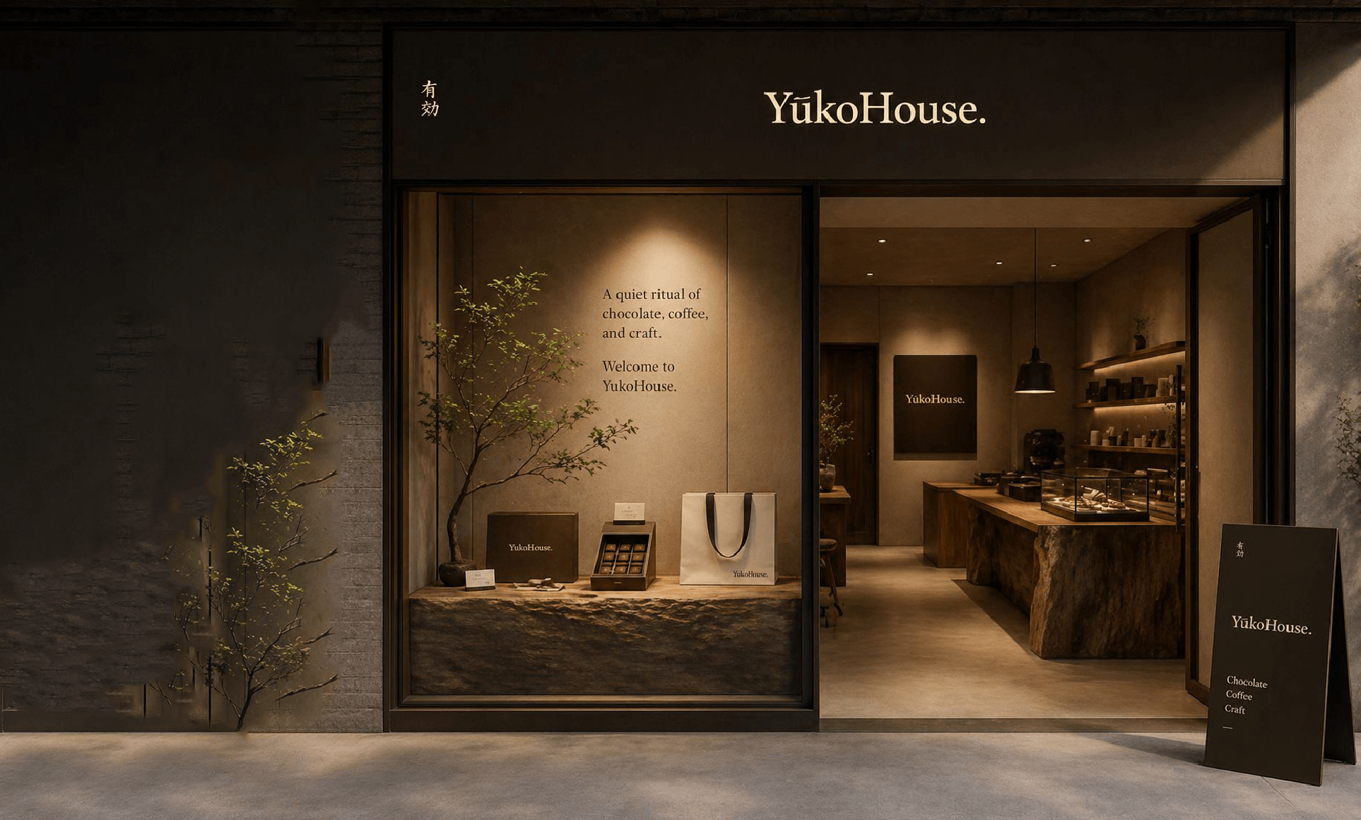 YukoHouse chocolate atelier storefront at night